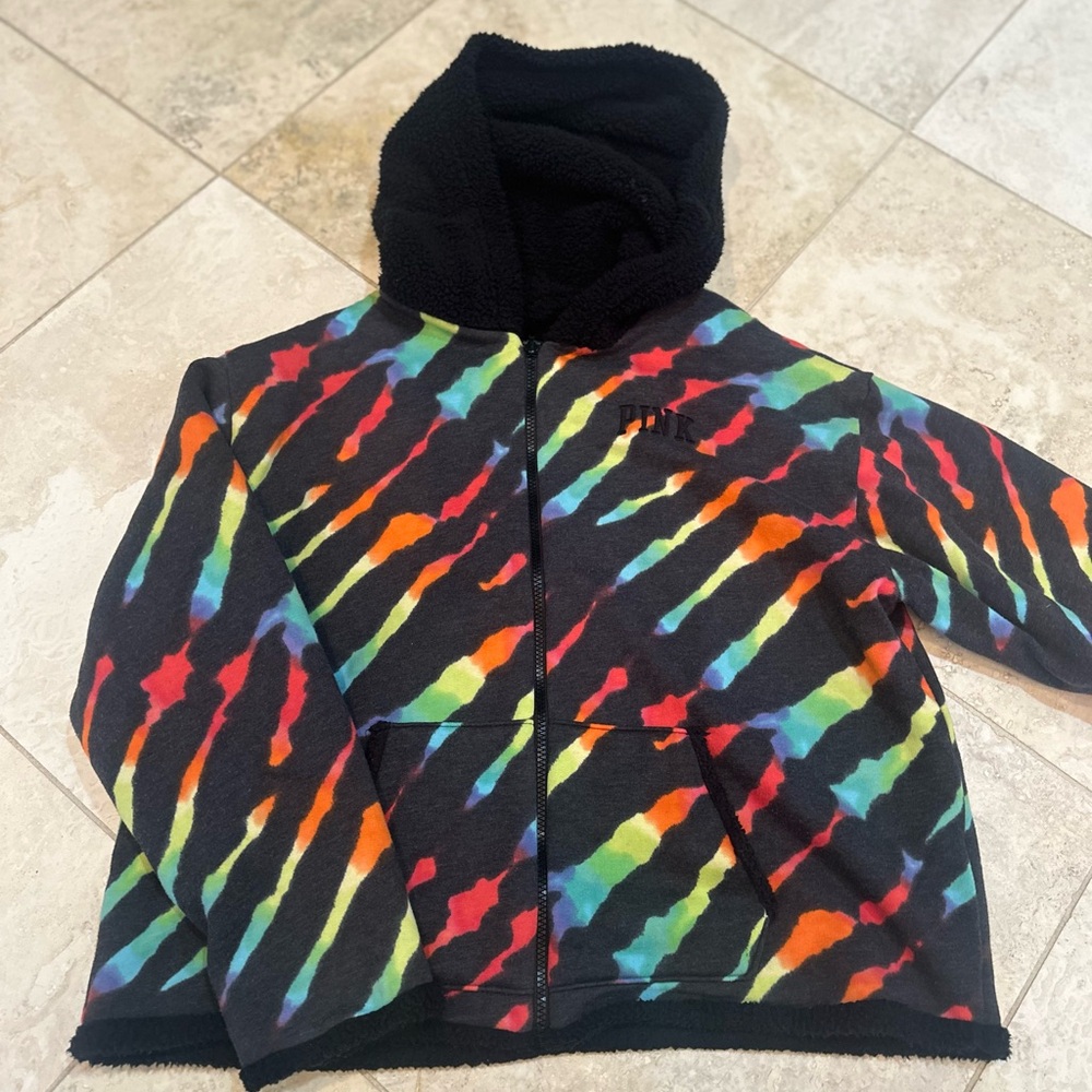 PINK Victoria's Secret Reversible Colorful Striped Hoodie